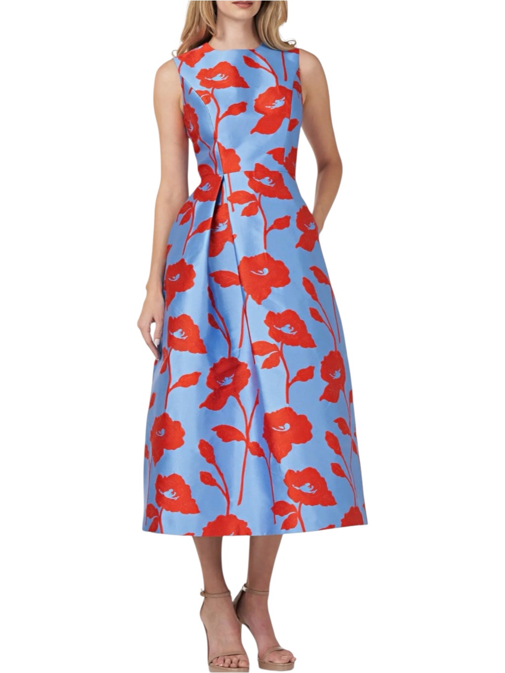 Kay Unger Floral Jacquard Red Floral Print Blue Cocktail Dress 14 With Pockets